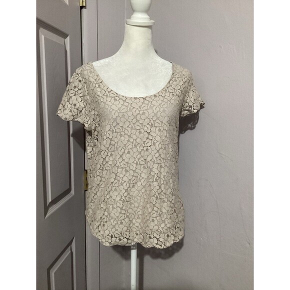 Talula Cream Lace Floral Short Sleeve Blouse Keyhole Neck M - Picture 1 of 6
